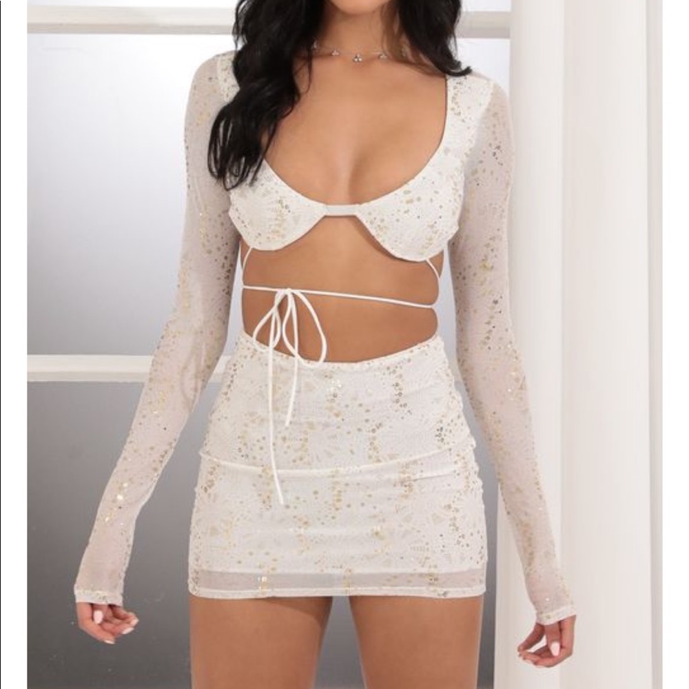 White and gold glitter two piece party dress